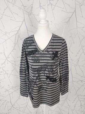 Style & Co Gray Stripe Floral Lace Applique Long Sleeve Tee